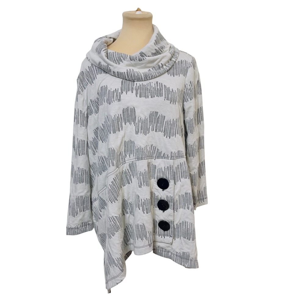 Ali Miles Women L Cowl Neck Tunic Gray White Abstract Button Detail Asymmetric